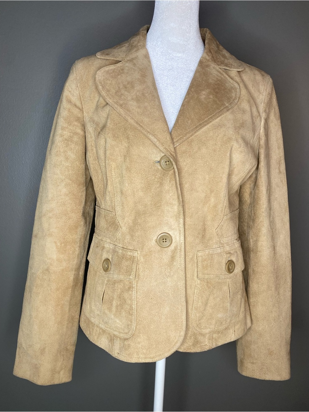 Ann Taylor Loft 100% Suede Leather Button-Front Blazer Jacket in Camel - Size 4